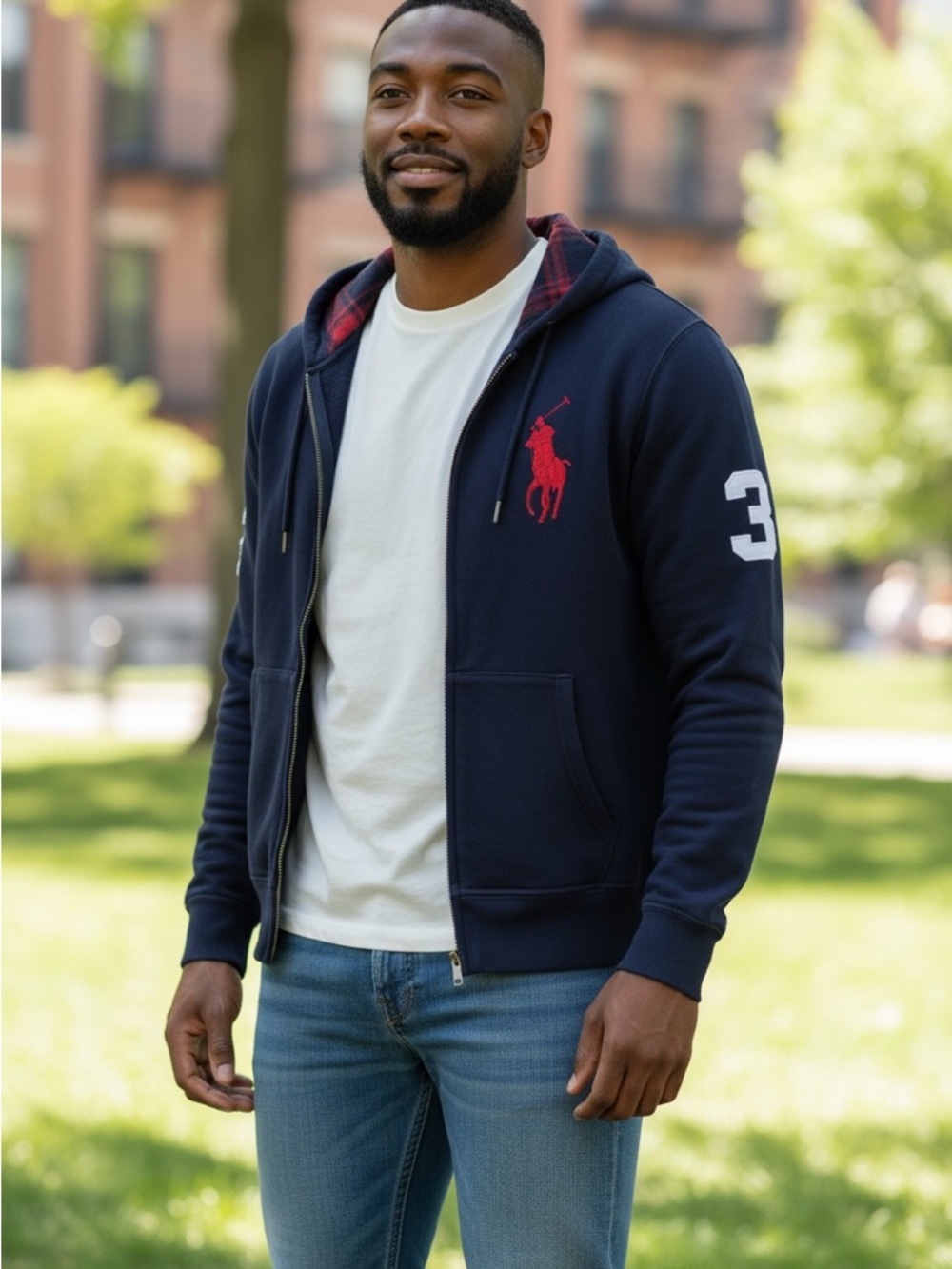 Polo by Ralph Lauren Navy Zip Hoodie with Red Pony and Tartan Hood Lining